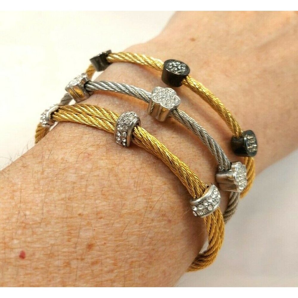 MX Signature Collection Silver Tone Twisted Rope Bracelet w/Rhinestone Flowers